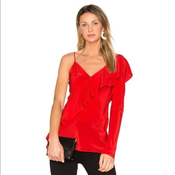 DIANE VON FURSTENBERG One Sleeve Red Blouse 100% Silk Size 0 - Picture 1 of 9